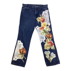 Upcycled Wrangler Floral Appliqué Denim Jeans OOAK 38X30 Festival Cottagecore
